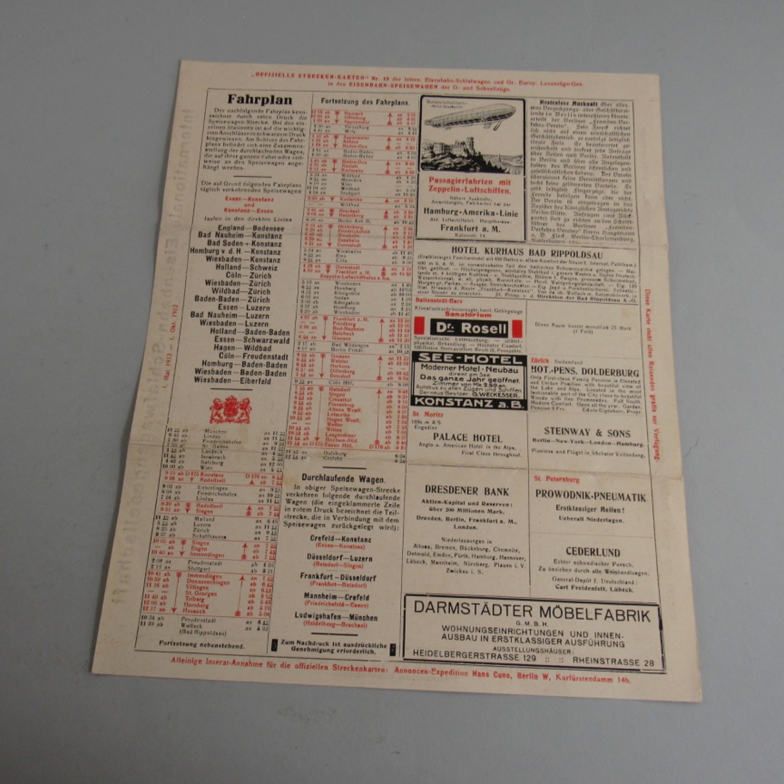 1912 Antique German Railroad Sleeper Car Map And Schedual