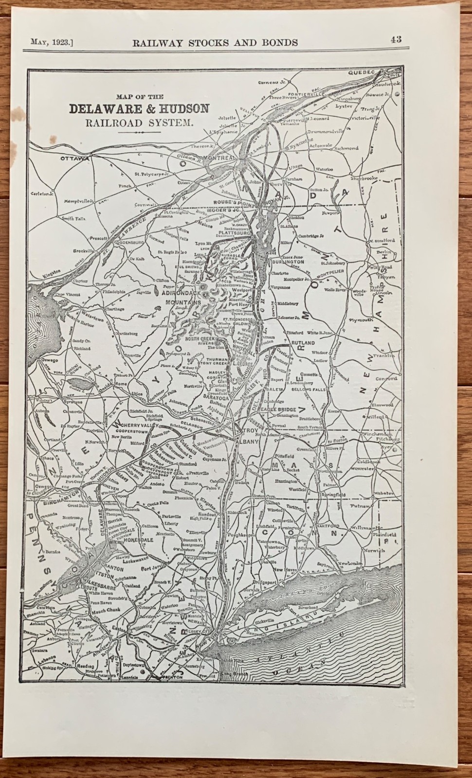 1923 Antique DELAWARE & HUDSON RAILROAD Map Vintage RAILWAY Map