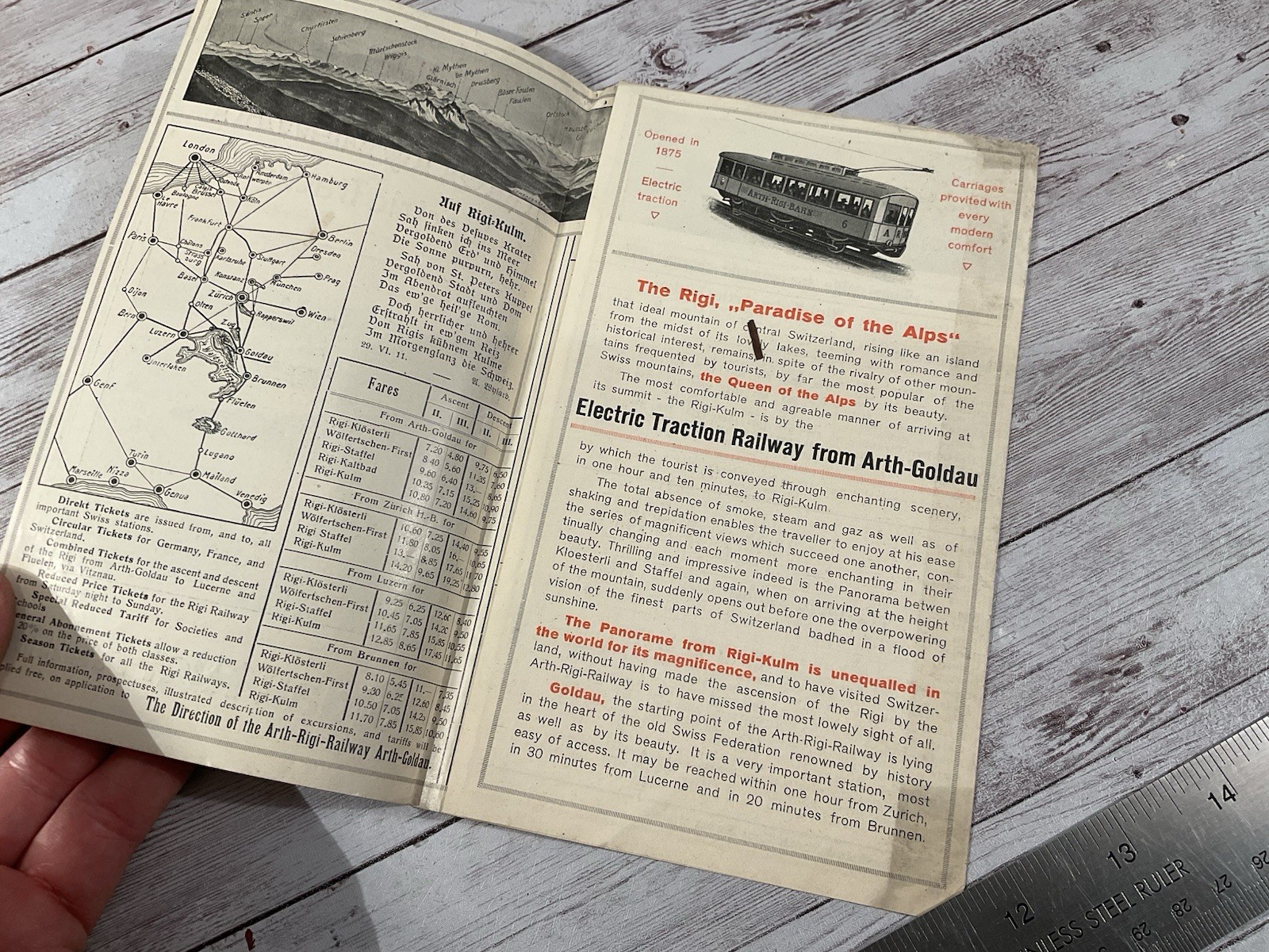1913 SWITZERLAND RIGI RAILWAY ELECTRIC TRACTION MAP AND TIMETABLE