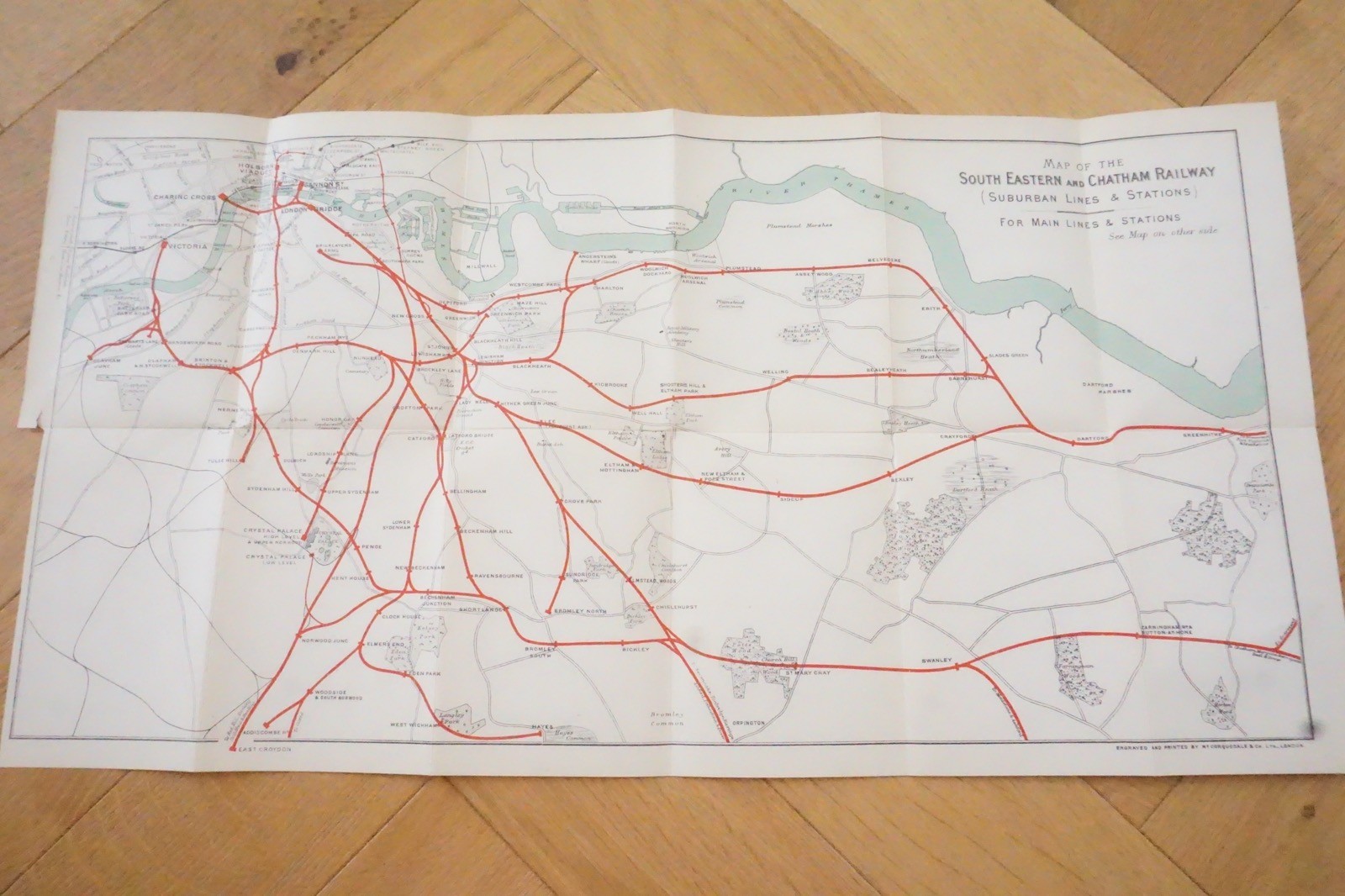 1913 South Eastern & Chatham Railway Map Suburban Line SE&CR