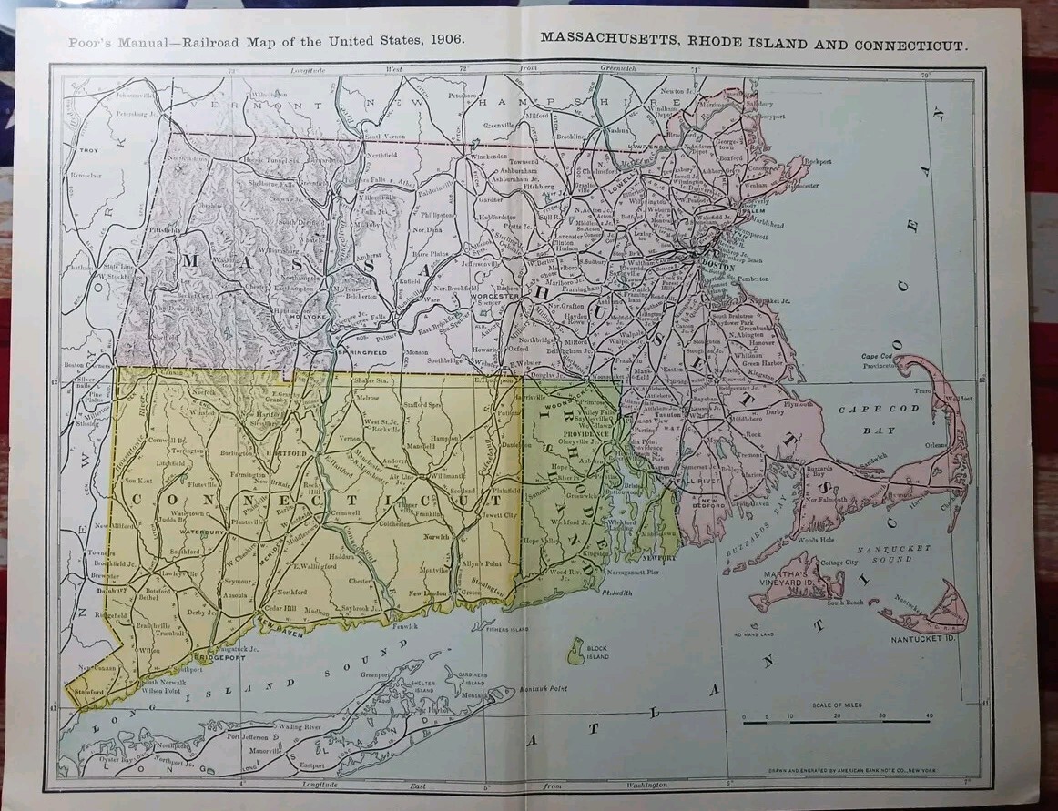 1906 Dated Train Route Map Massachusetts Connecticut all Railroad Lines 11″×9″