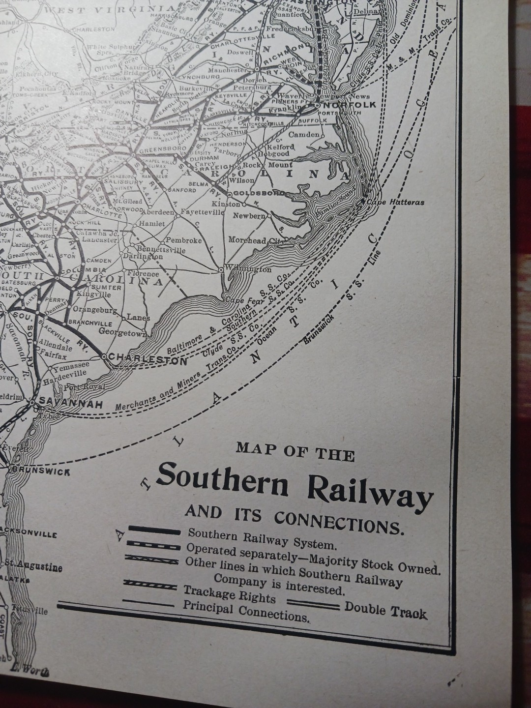 ~1910 railroad Map SOUTHERN RAILWAY and Connections ALL Train routes 9×11″