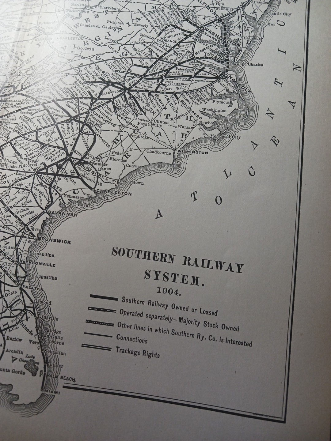 ~1904 dated Train Map SOUTHERN RAILWAY SYSTEM all Railroad Routes Stations 9×11″