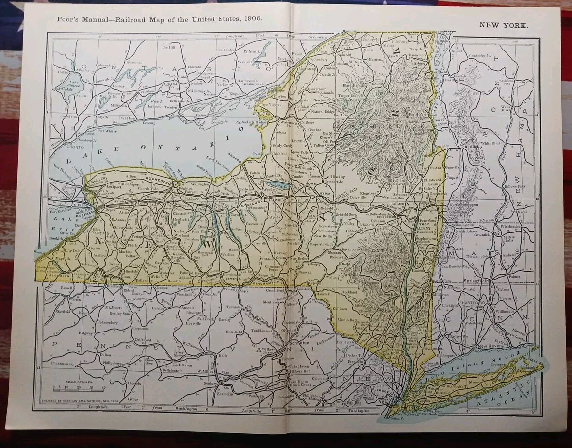 1906 Dated Train Route Map NEW YORK all Railroad Lines Junctions Towns 11″×9″