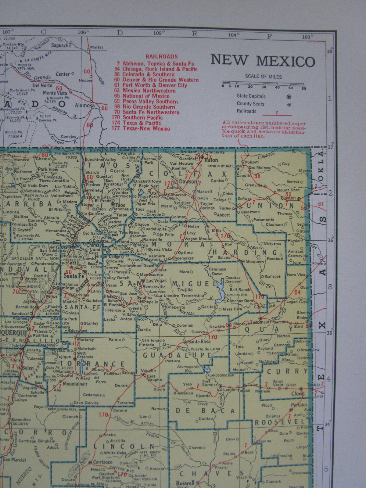 NM NJ Vtg 1942 NEW MEXICO RAILROAD Map. PECOS VALLEY SOUTHERN ~or~ NEW JERSEY