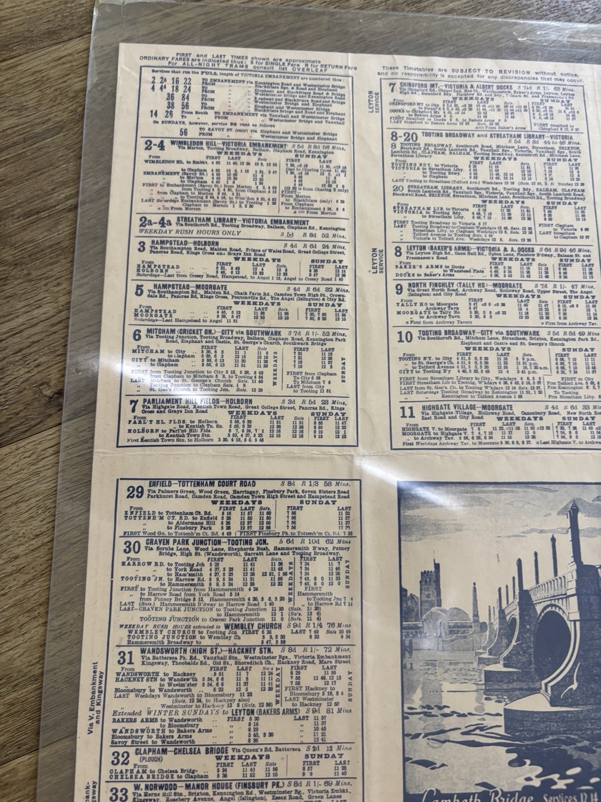 1932 LCC Trams Map Timetable London County Council Tramways Original Nov
