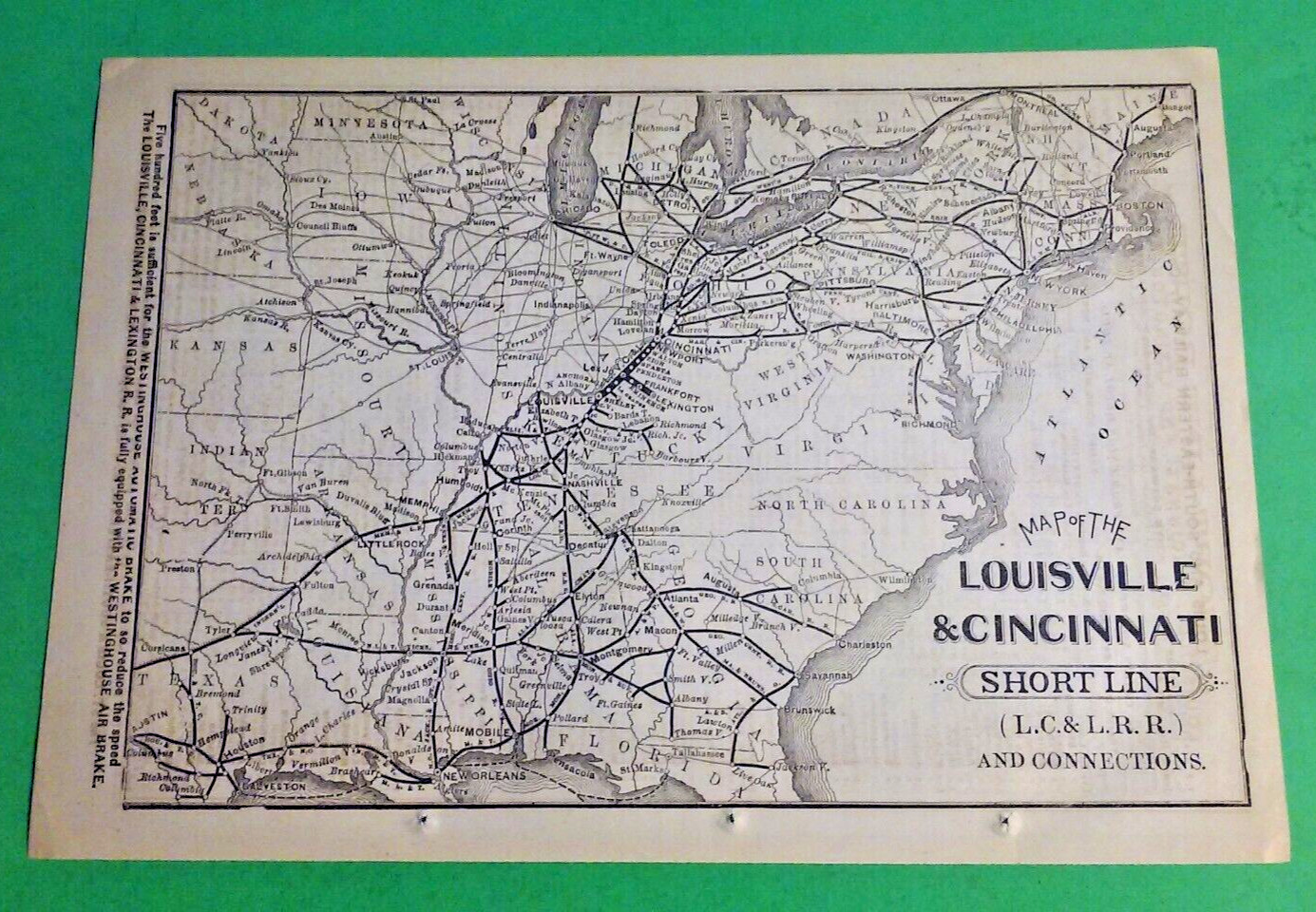 Rare 1876 LOUISVILLE & CINCINNATI Short Line Railroad & Connections Print Map