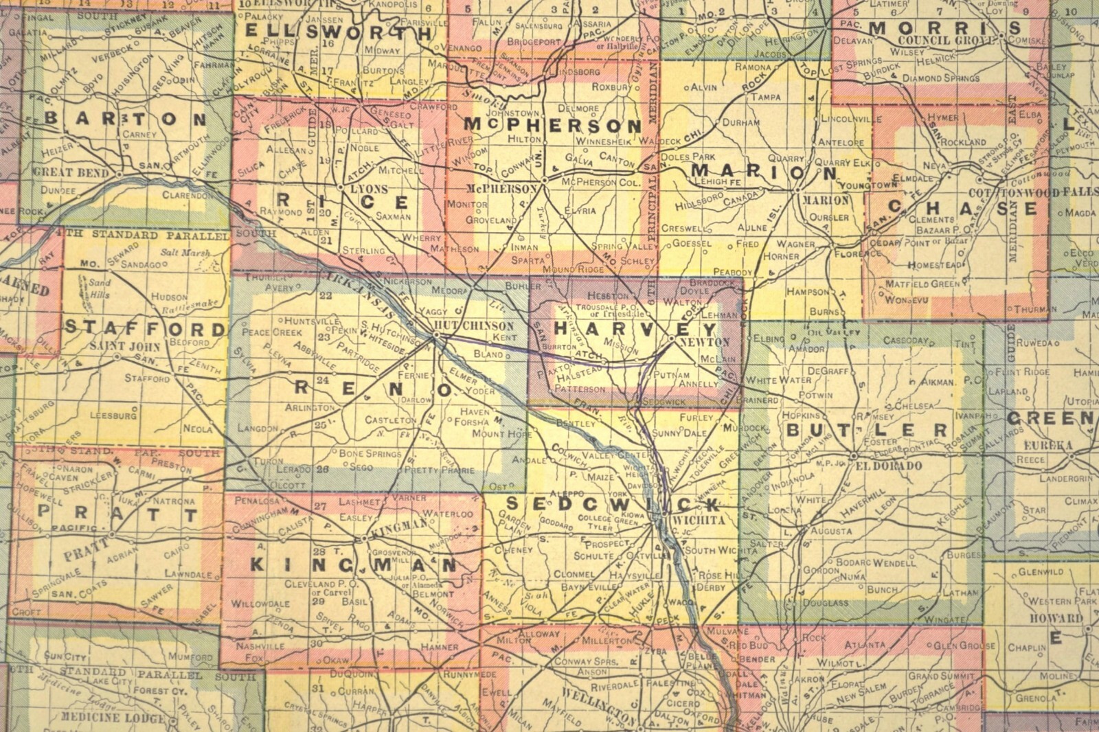 Antique KANSAS Map Railroad LARGE Original AT&SF Missouri Pacific RR MKT
