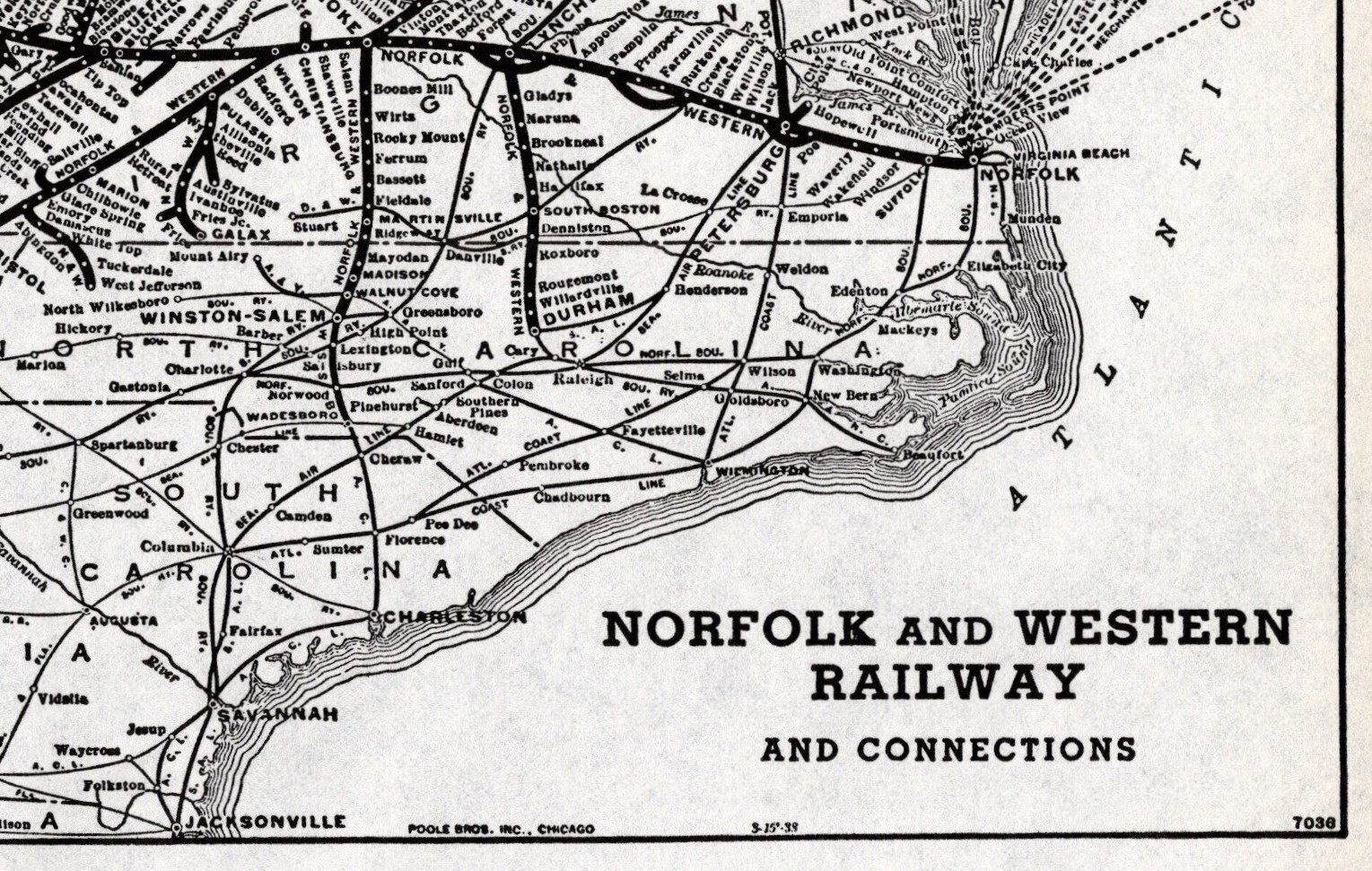 1938 Antique NORFOLK and WESTERN Railway Map Vintage Railroad Map #1951