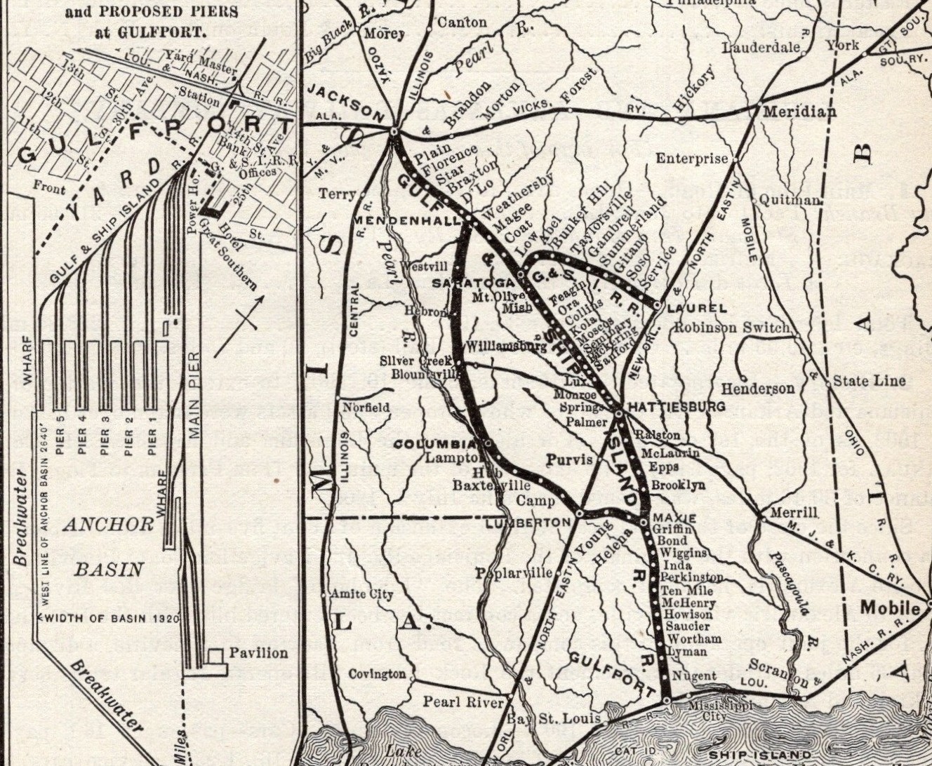 1908 Gulf and Ship Island Railroad Map Vintage Railway Map 2442