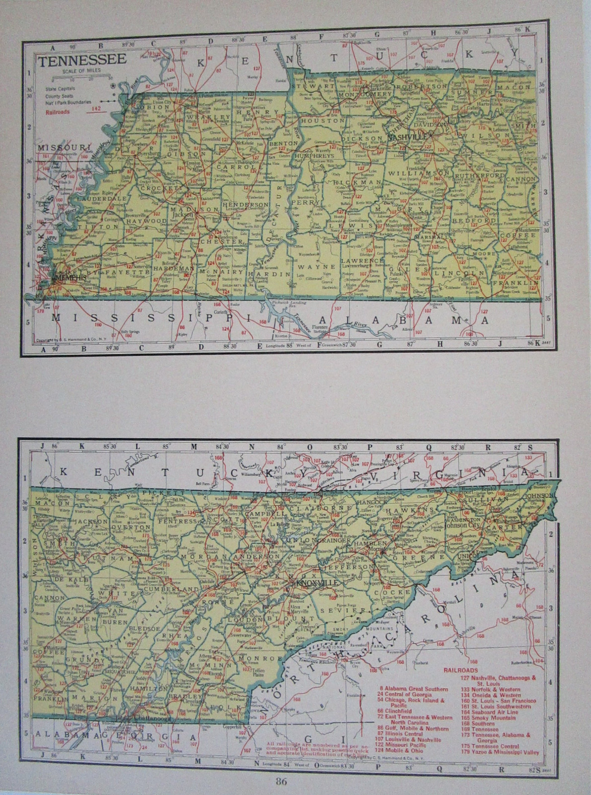 TN SD Vtg 1942 TENNESSEE RAILROAD Map. SMOKY MOUNTAIN RR ~or~ SOUTH DAKOTA