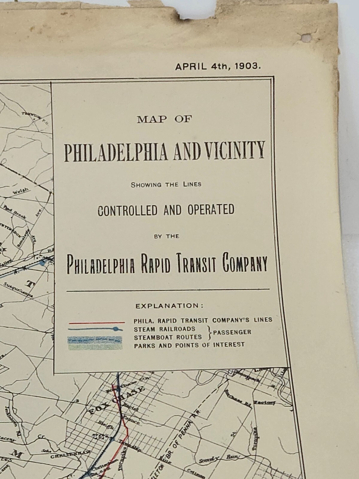 ANTIQUE 1903 MAP OF PHILADELPHIA & VICINITY BY PHILA RAPID TRANSIT COMPANY