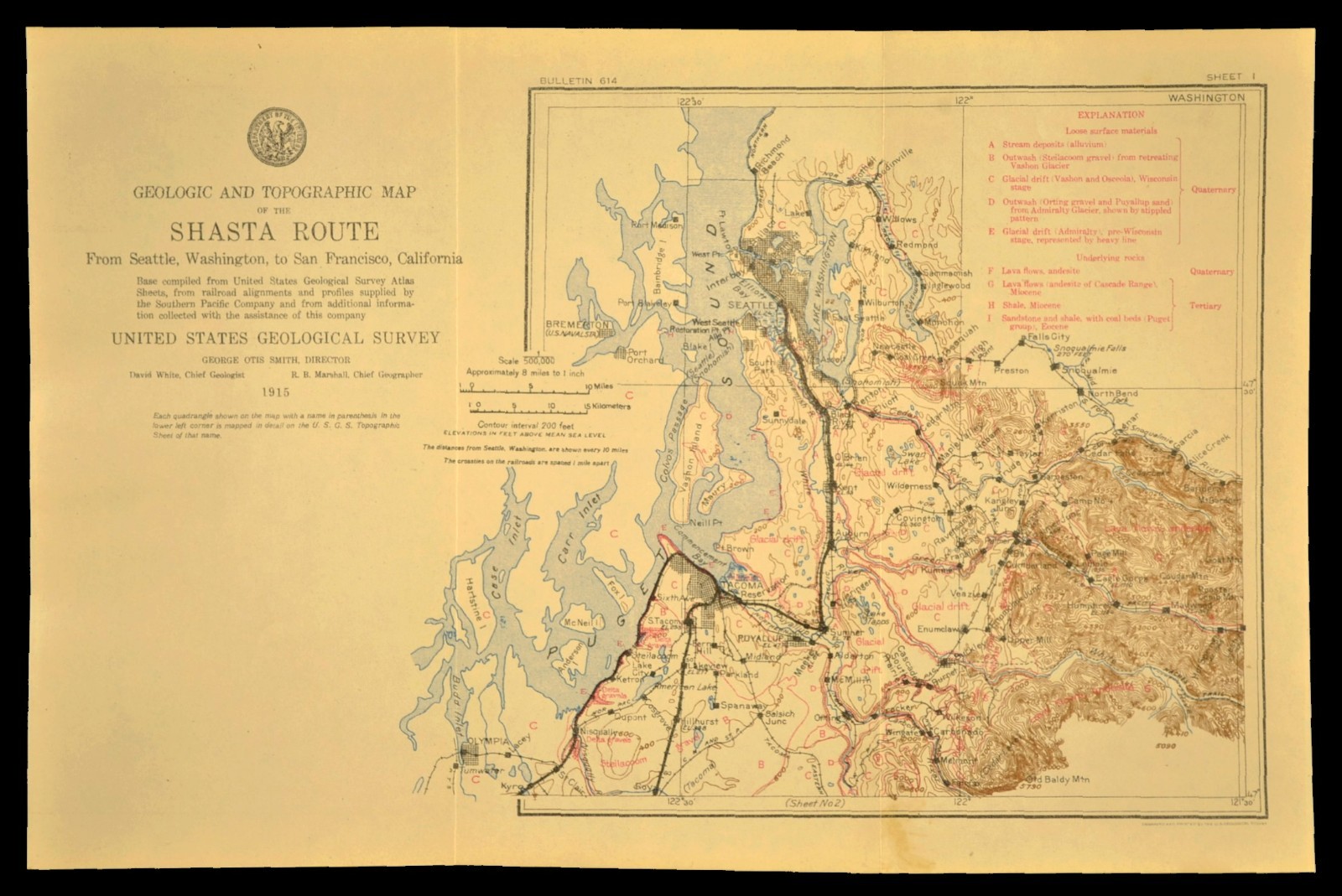 1915 Antique Southern Pacific Railroad Map Seattle Washington Tacoma WA Geologic