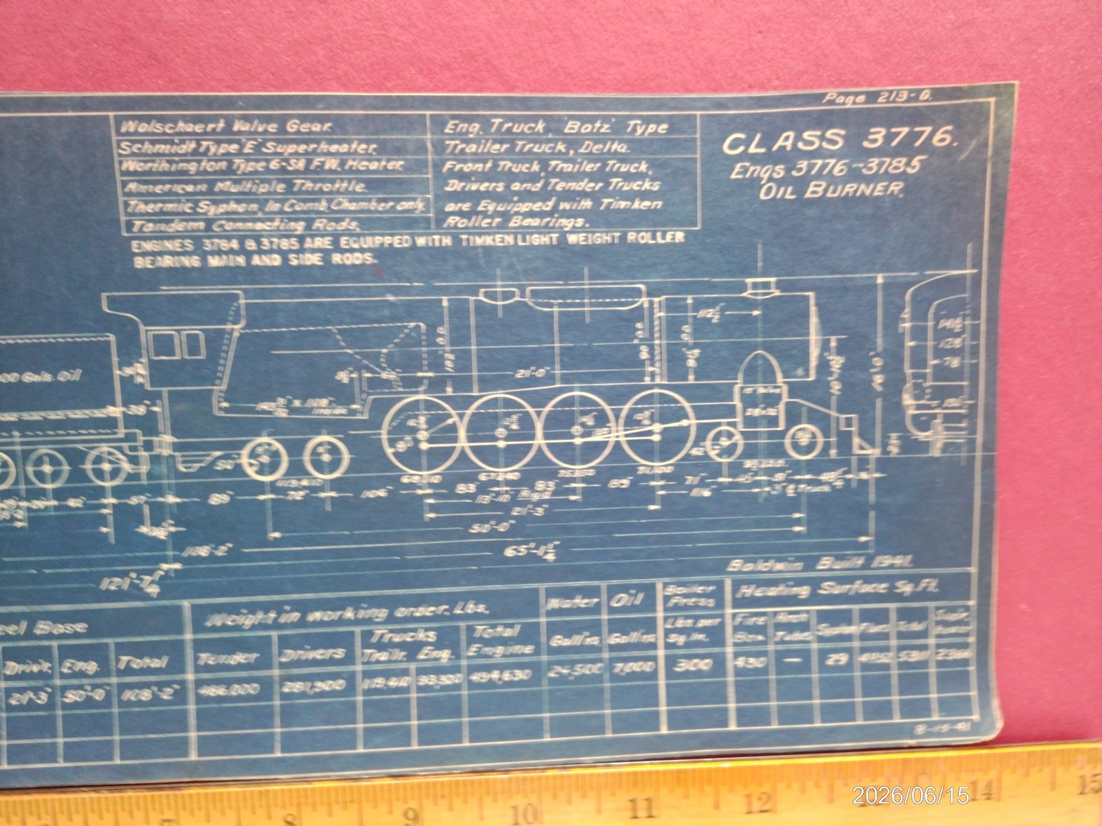 AT&SF RAILROAD ORIG BLUEPRINT DATA DIAGRAM BUILDER PHOTO 4-8-4 LOCOMOTIVE #3776