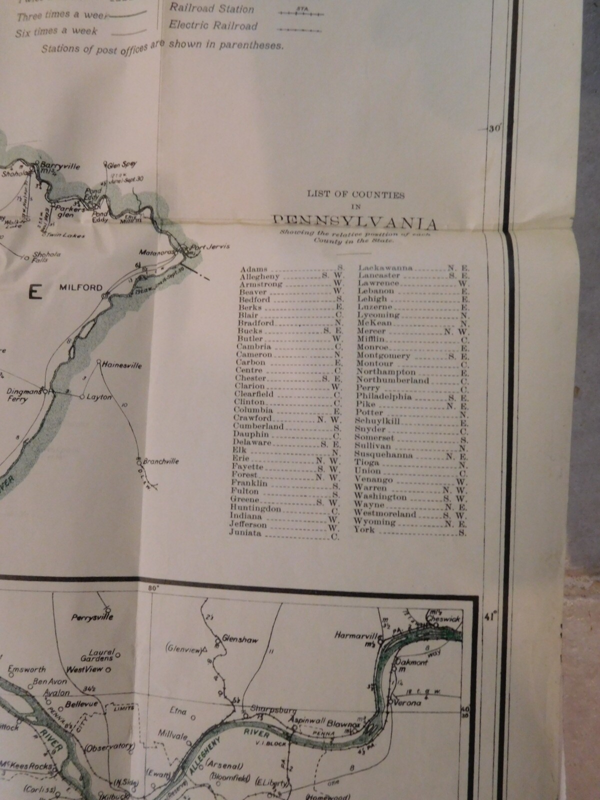 Map Pennsylvania Showing Post Offices 1933 w Railroads, Electic Rr, RR stations