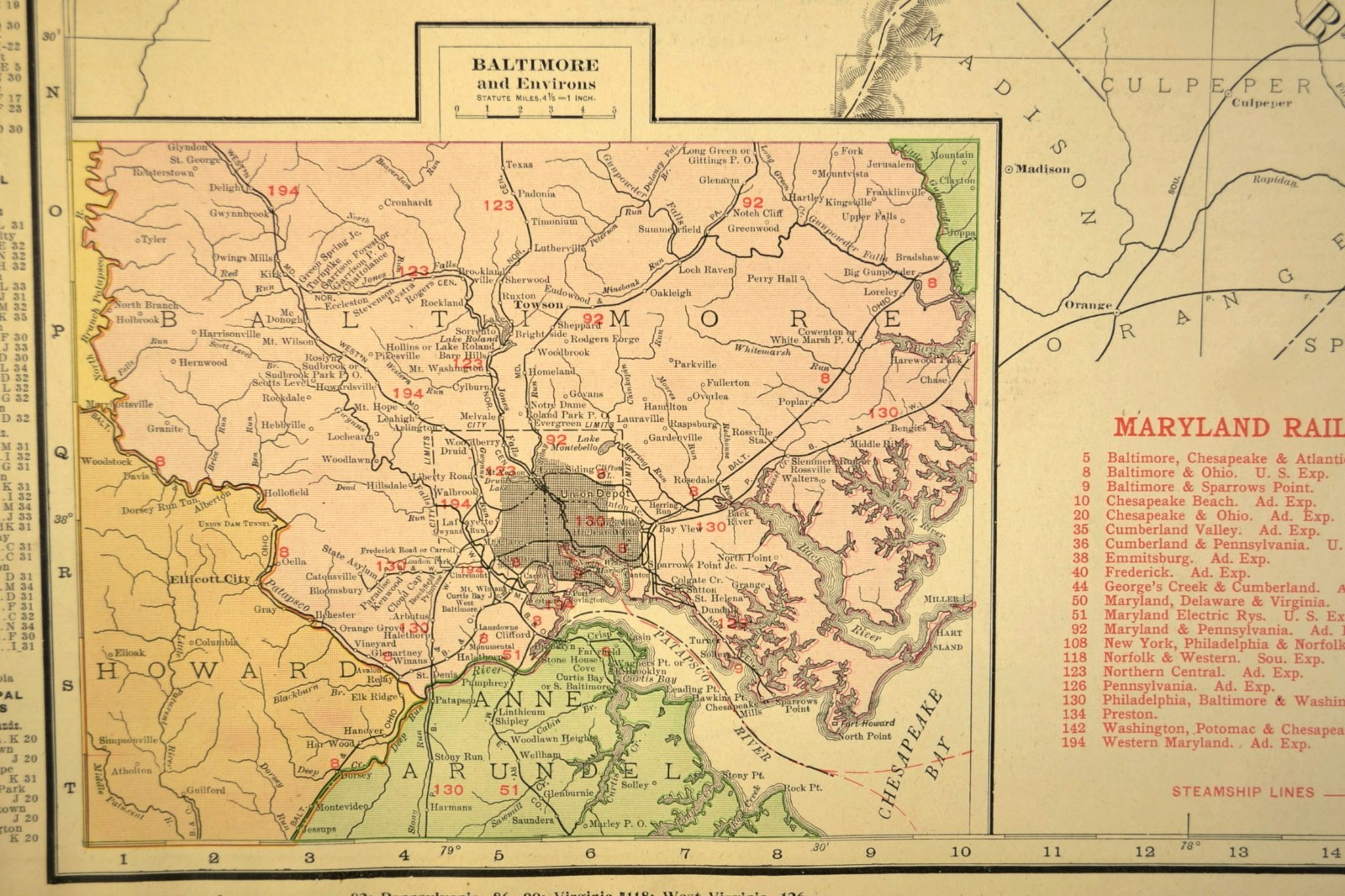 1911 Antique Maryland Railroad Map of Delaware ORIGINAL Atlas Map DATED