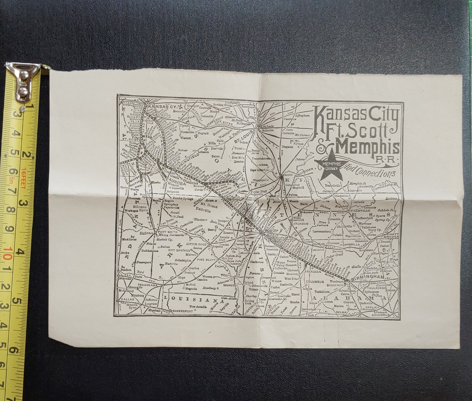 1890’s Antique Kansas City Ft. Scott & Memphis Railroad Railway Map Original