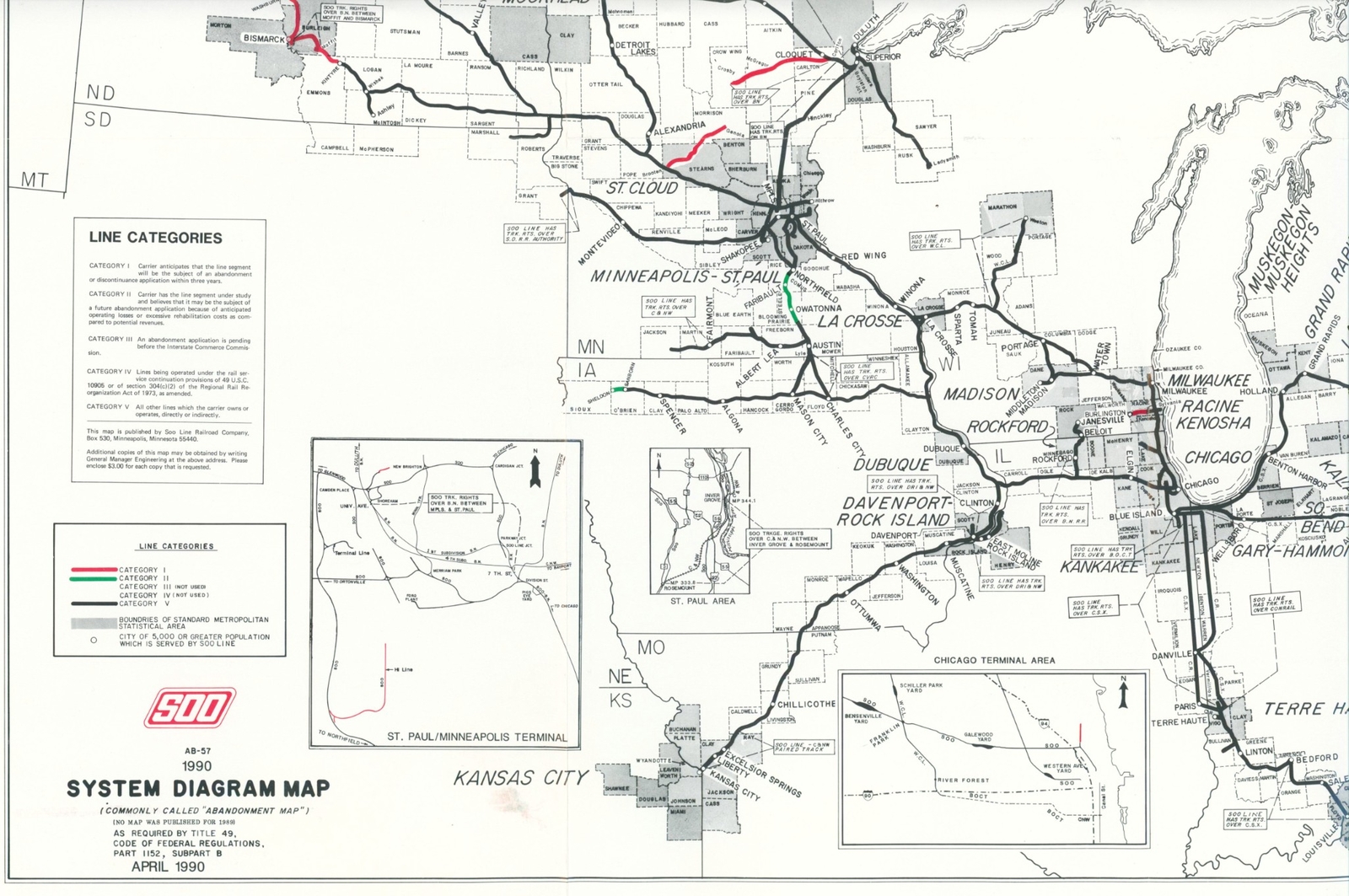 1990 SOO Railroad Glossy System Route Map Minneapolis St Paul Sault St Marie RRY