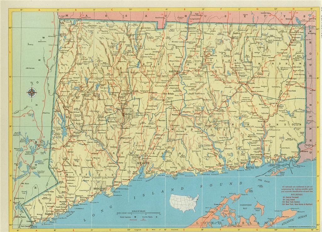 hisoric 1952 CONNECTICUT RR RAILROAD MAP SHOWS & LIST ALL CT RR’s + CT RR MAP