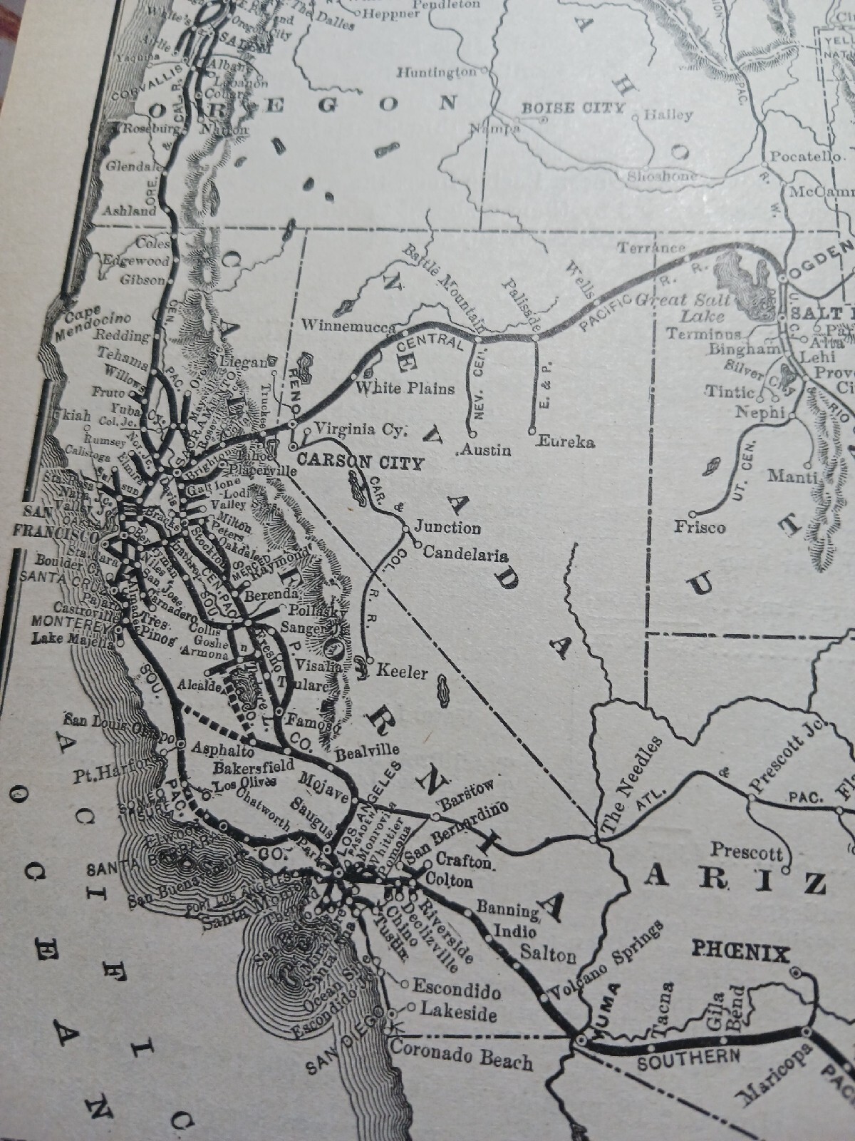 ☆1898 Railroad Map SOUTHERN PACIFIC LINES Pacific System AZ CA NV OR UT Train