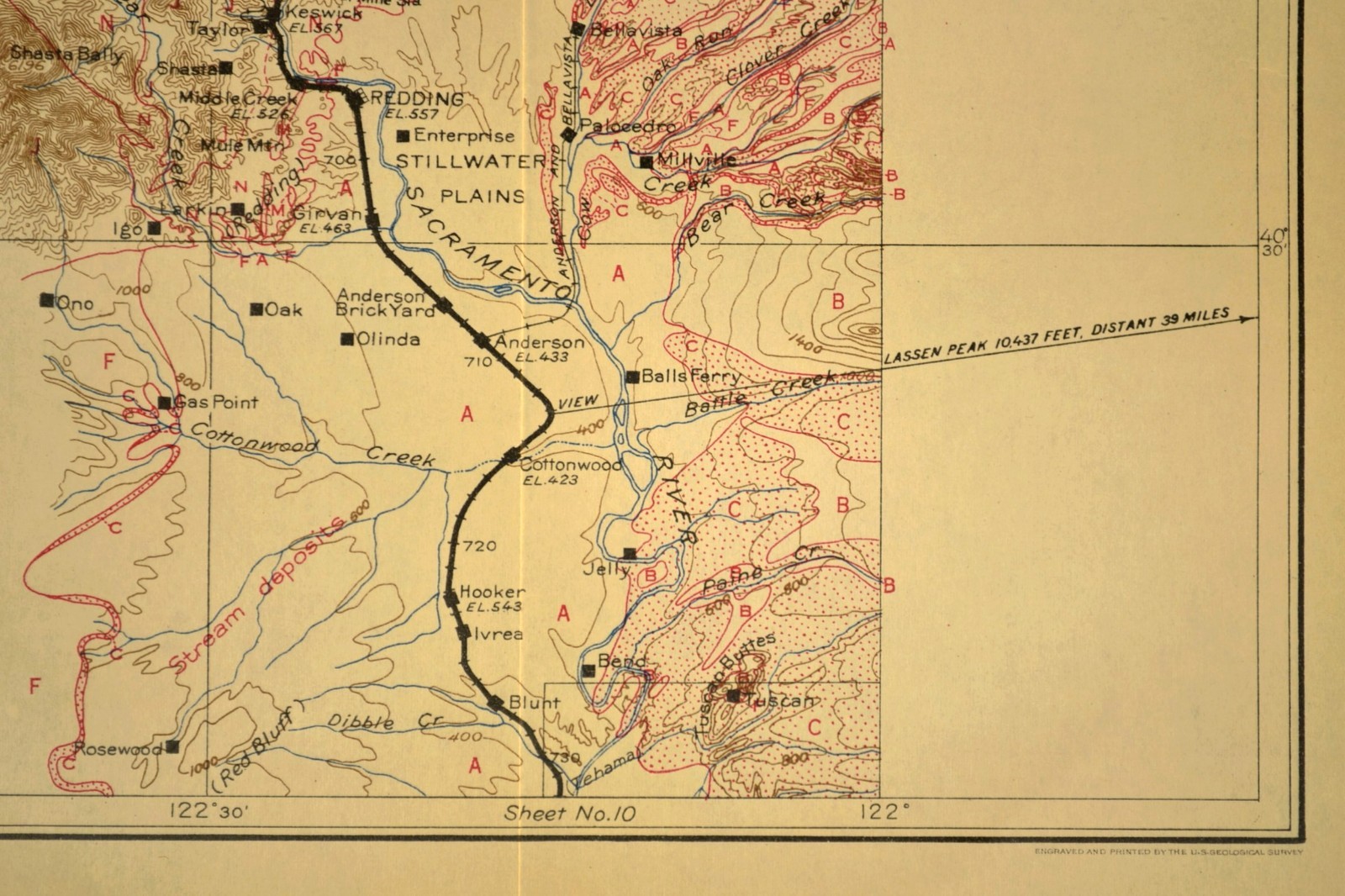 1915 Southern Pacific Railroad Map Redding California Copper Mining Shasta Route