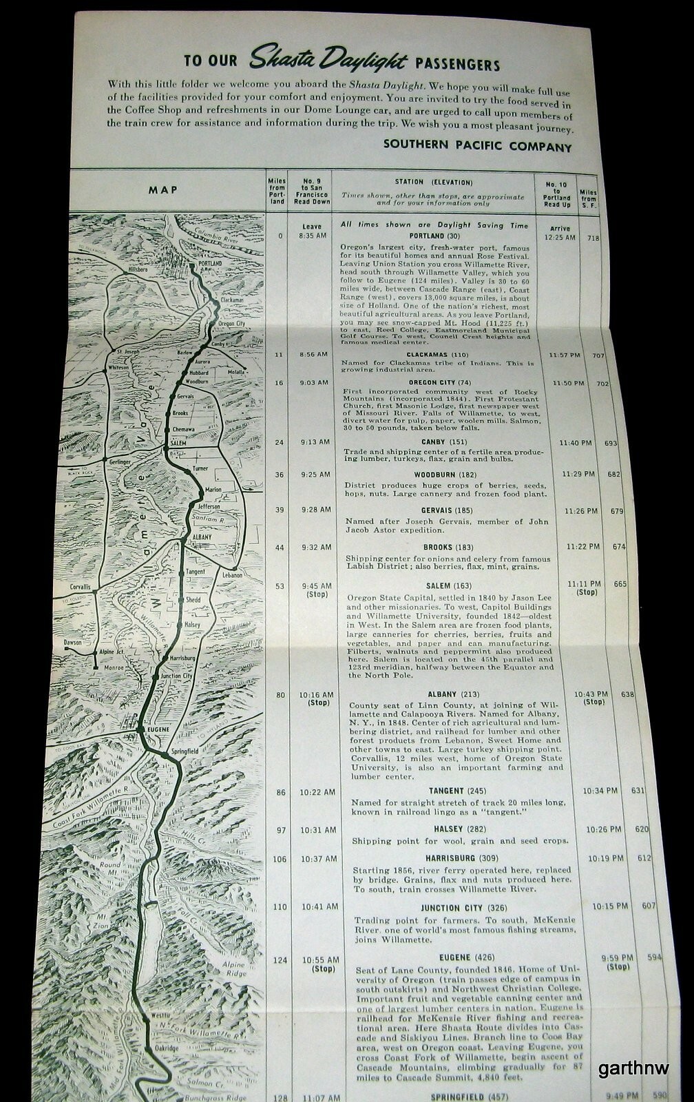 SHASTA DAYLIGHT SOUTHERN PACIFIC RAILROAD 1956 ROUTE MAP PORTLAND SAN FRANCISCO