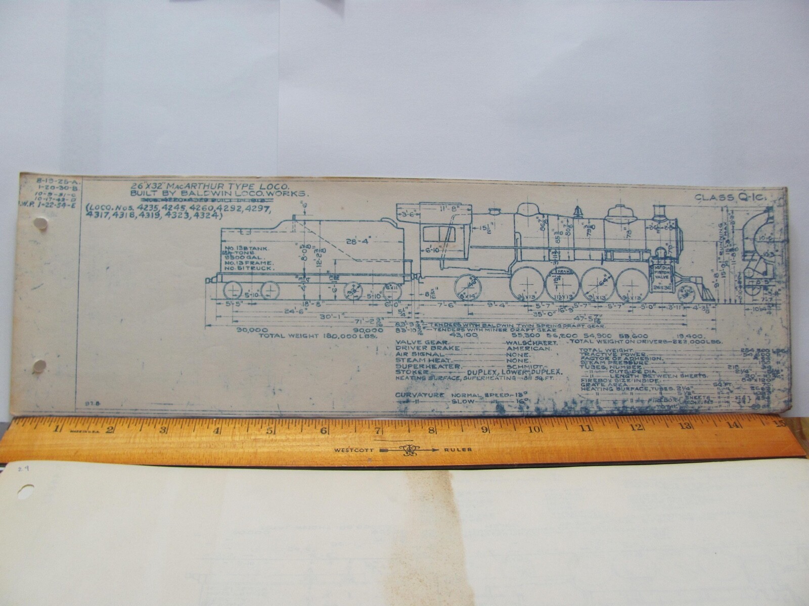 BALTIMORE & OHIO RAILROAD ORIG BLUEPRINT DATA DIAGRAM Q-1C LOCOMOTIVE #4317-4324