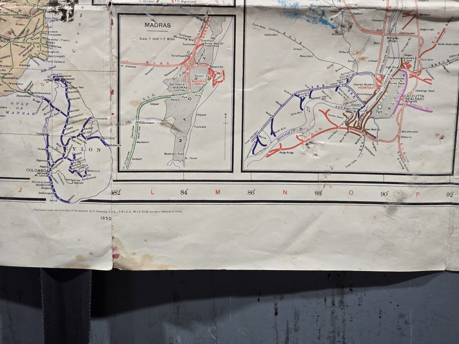 Vintage 1950s Railway Map of India Delhi Madras Calcutta Coalfields 42×32