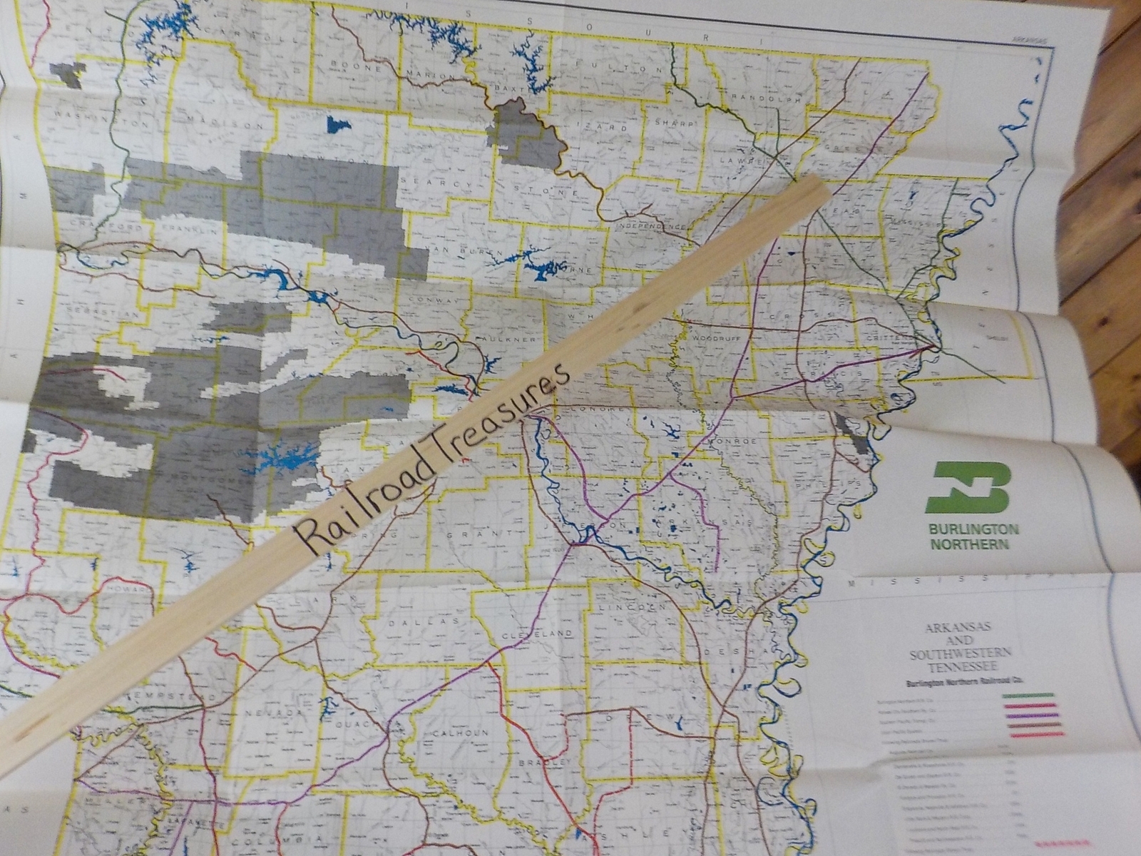 Map Burlington Northern Arkansas State Railroad Map 1983 August + SW TN