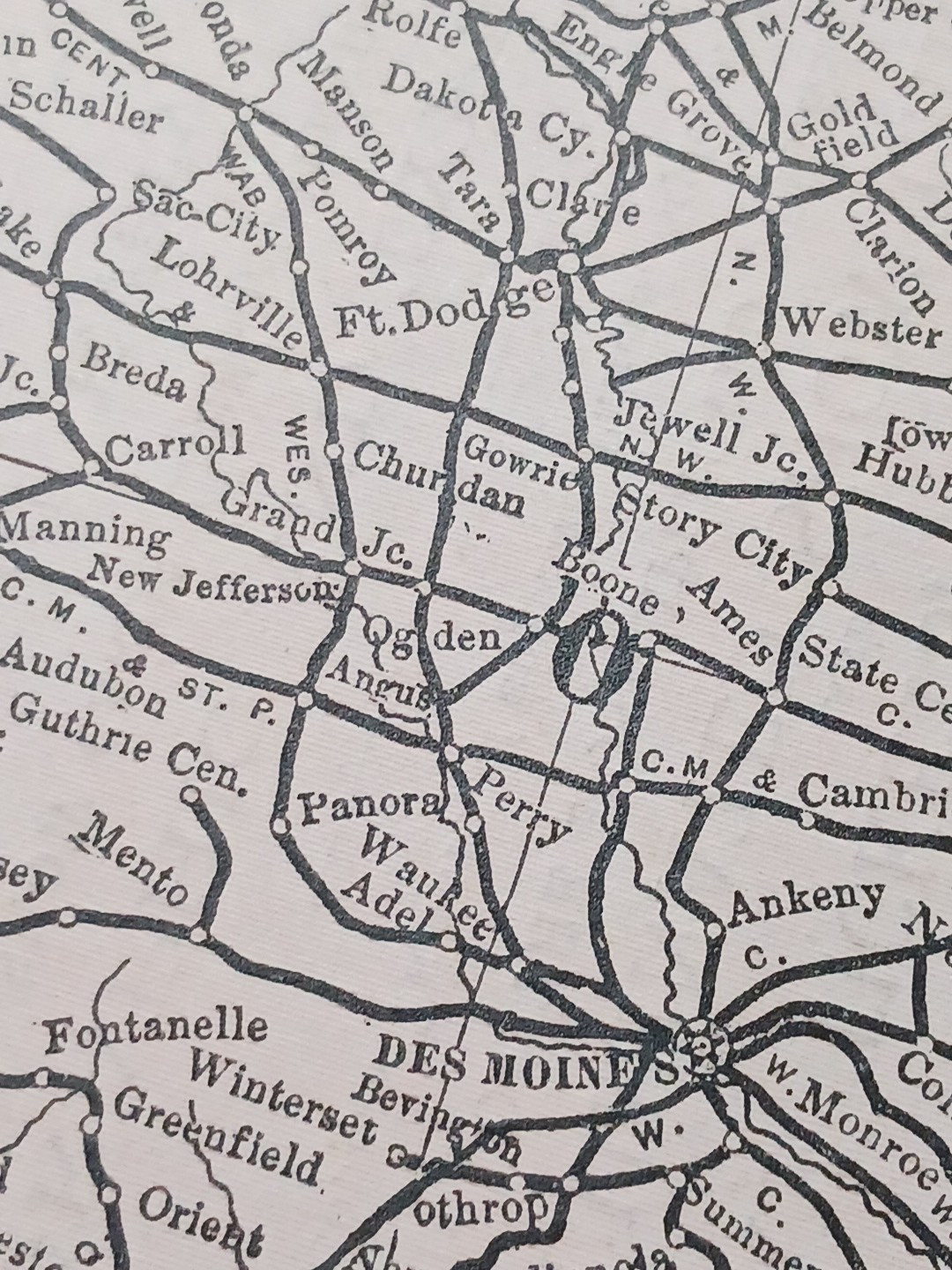 1897 Train Route Map MISSOURI & IOWA all Railroad Lines Station Marked 9″x 11″