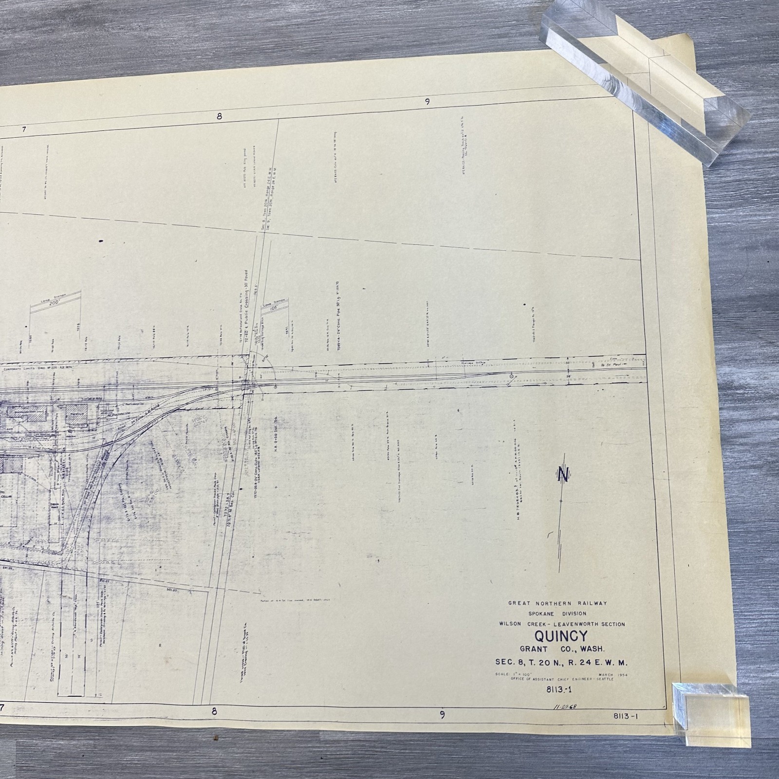 1954 Great Northern Railway Map Quincy Washington WA Blueprint Copy 84” x 24”