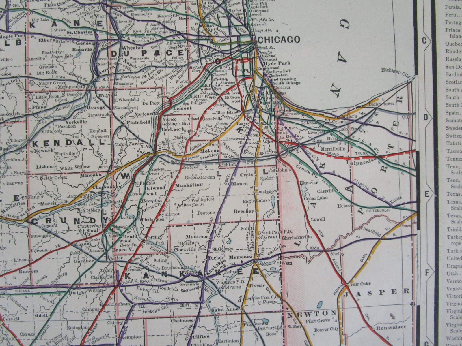 IL 1891 NORTHERN ILLINOIS Cram RAILROAD Map FULTON COUNTY NARROW GUAGE RR, LE&W