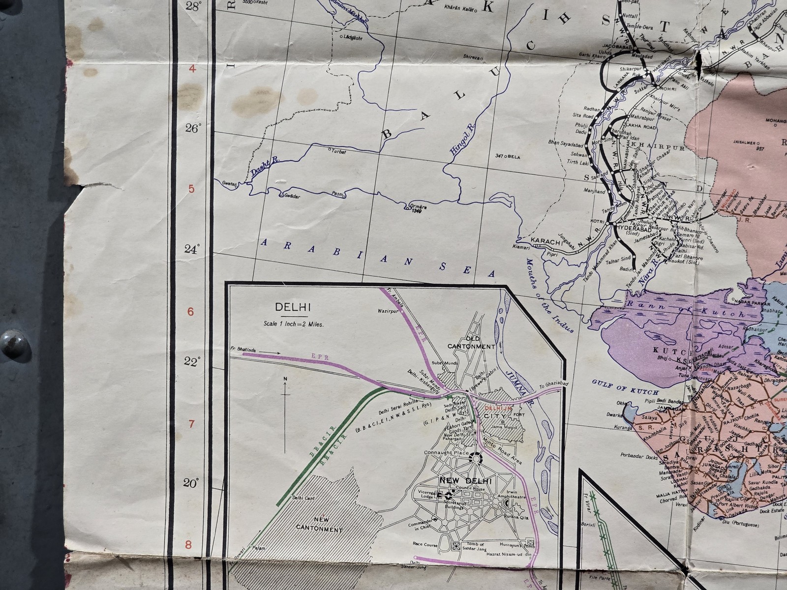 Vintage 1950s Railway Map of India Delhi Madras Calcutta Coalfields 42×32