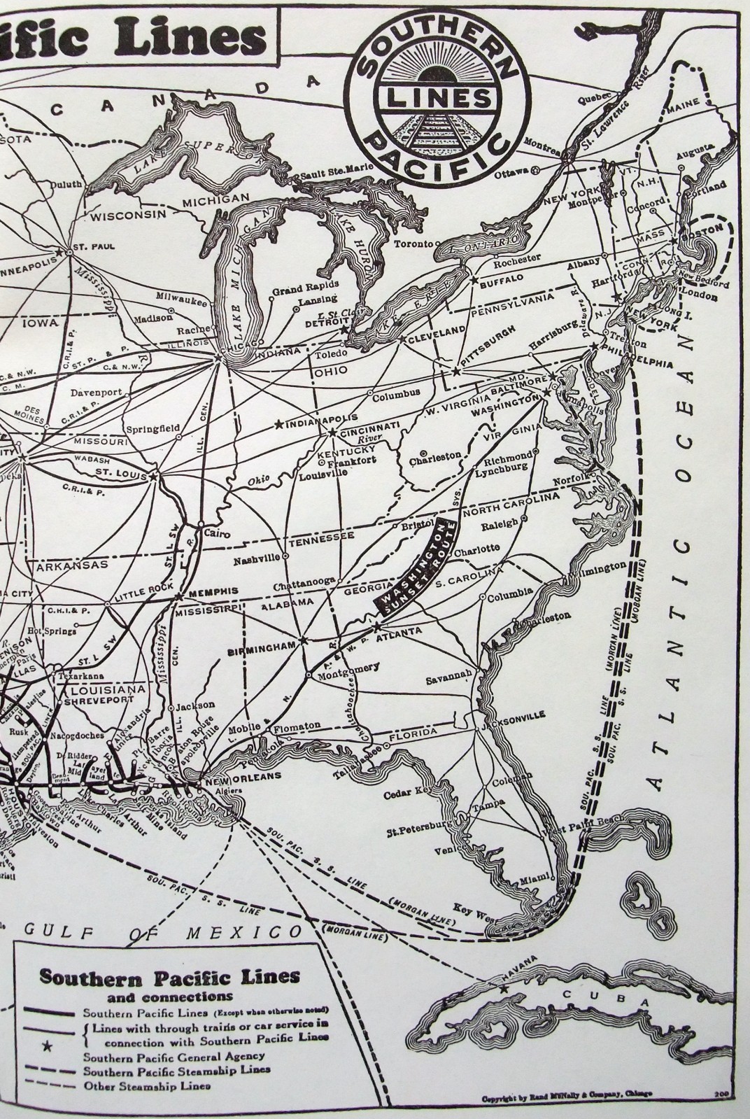 Southern Pacific Railroad – Original 1941 System Map. Antique Railway