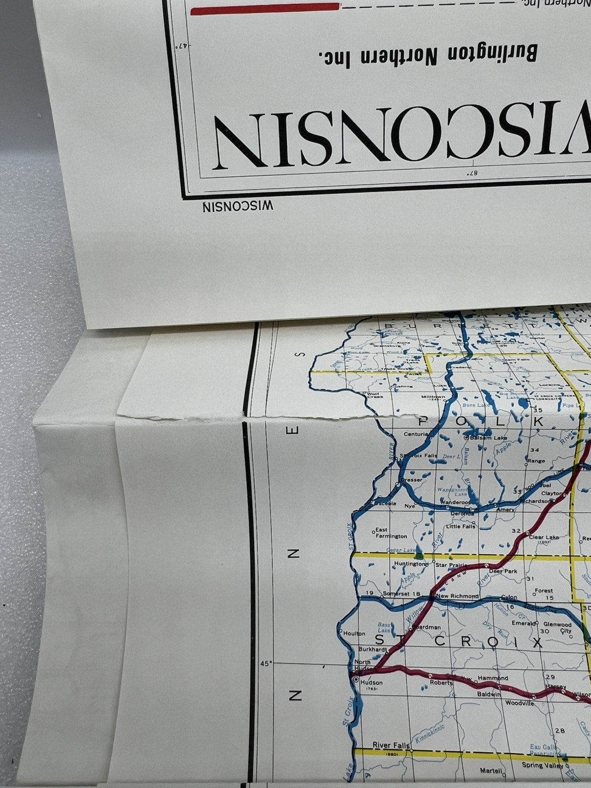 Large Burlington Northern State Railroad Map of Wisconsin 1983