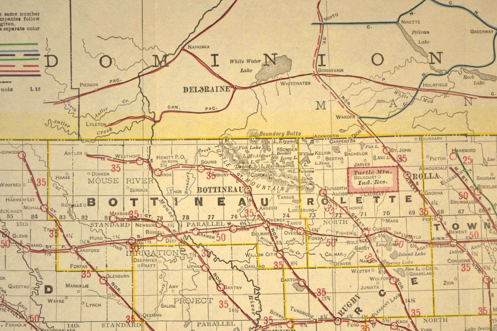 ca 1905 North Dakota Railroad Map Minnesota St Paul & Sault Ste Marie RR