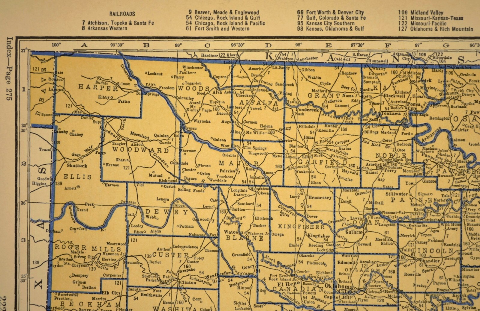 ca1938 OKLAHOMA Railroad Map Depot Towns AT&SF RR Historic Original Atlas Map