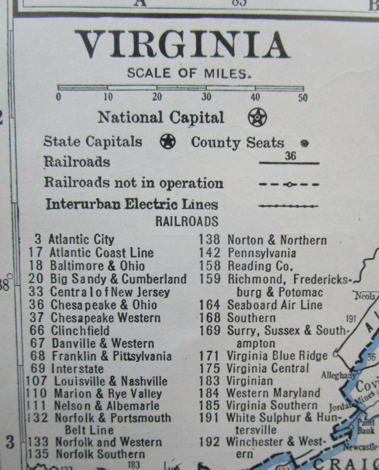 VA VT 1933 VIRGINIA RAILROAD Map WHITE SULPHUR & HUNTERSVILLE RR ~or~ VERMONT