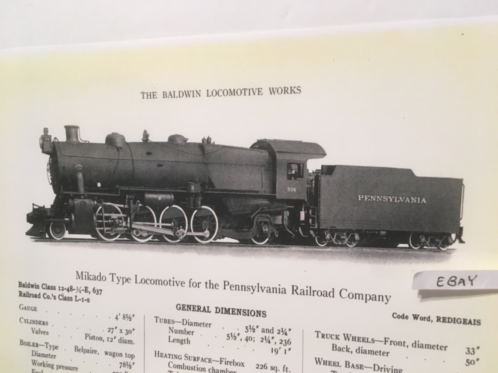 1916 Pennsylvania Railroad Mikado Type Locomotive Baldwin Works Catalogue Page