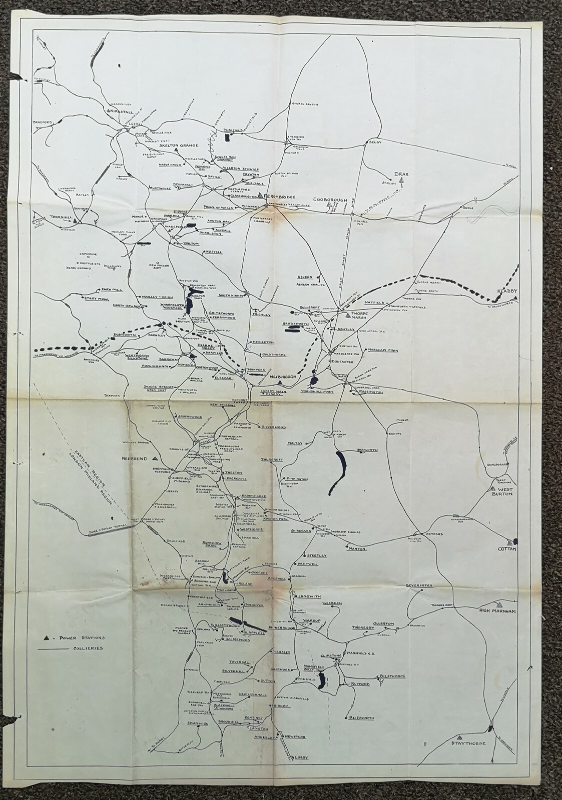 BR MAP OF COLLERIES POWER STATIONS NOTTINGHAMSHIRE YORKSHIRE DIAGRAM MAP 1950s