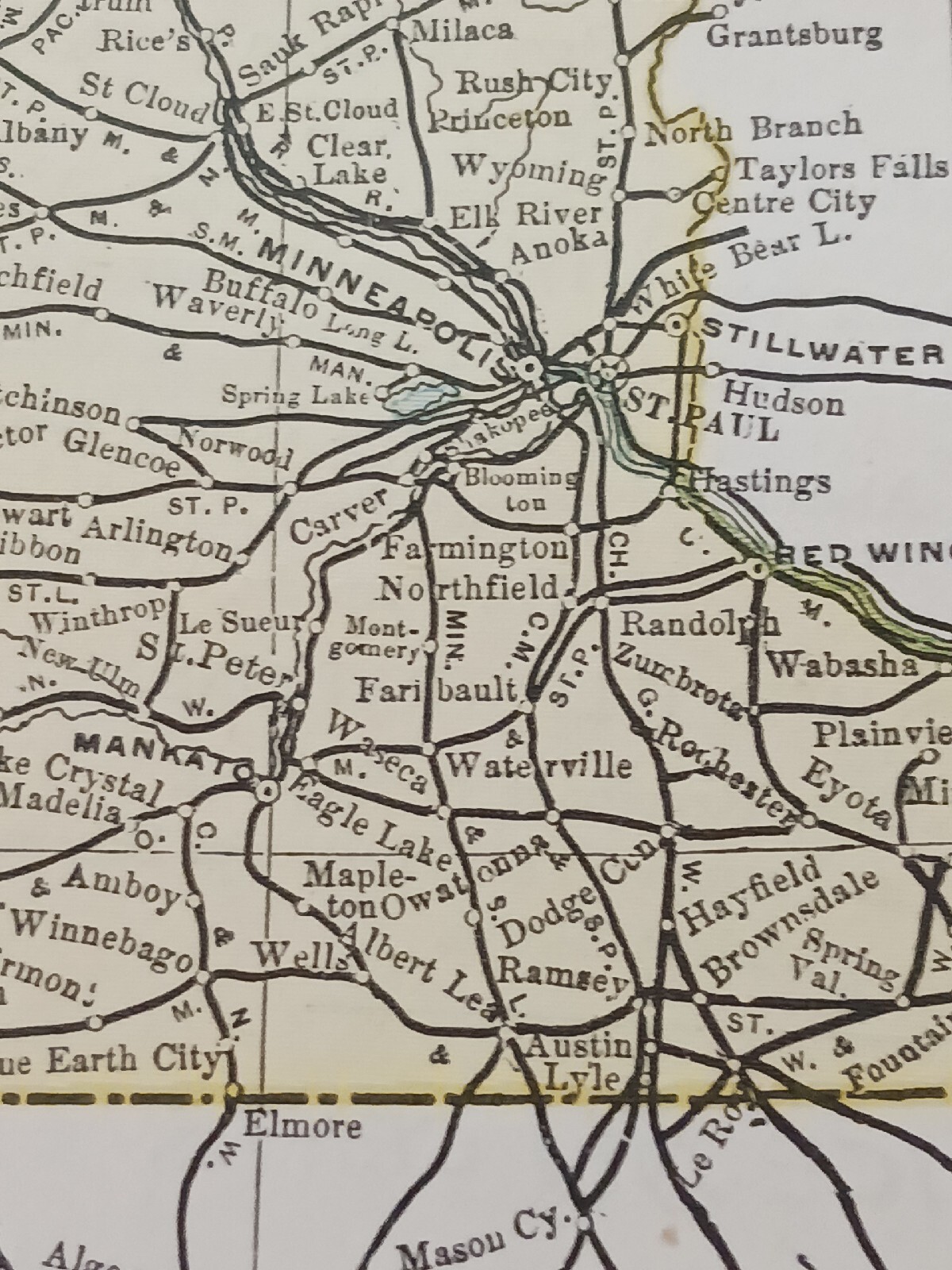 ☆1898 Original Railroad Map NORTH South DAKOTA Minnesota ~ Train Routes 11″x9″