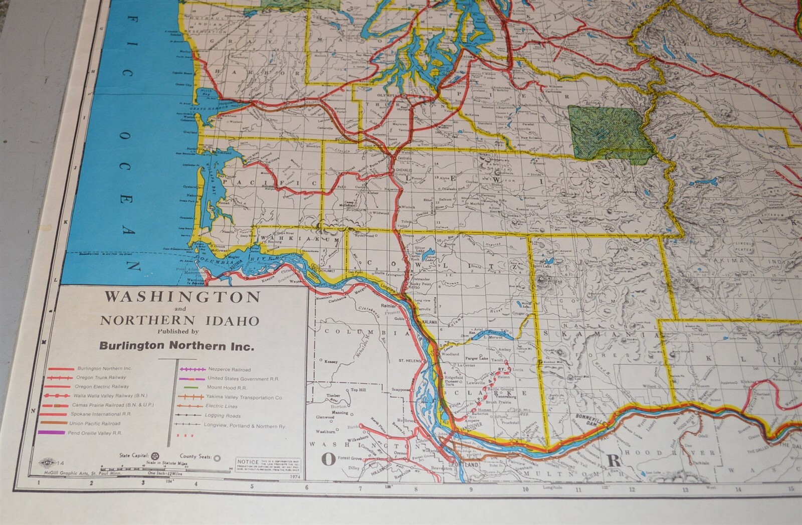 Large 1974 Burlington Northern Railroad Washington N. Idaho Map Poster NO FOLDS