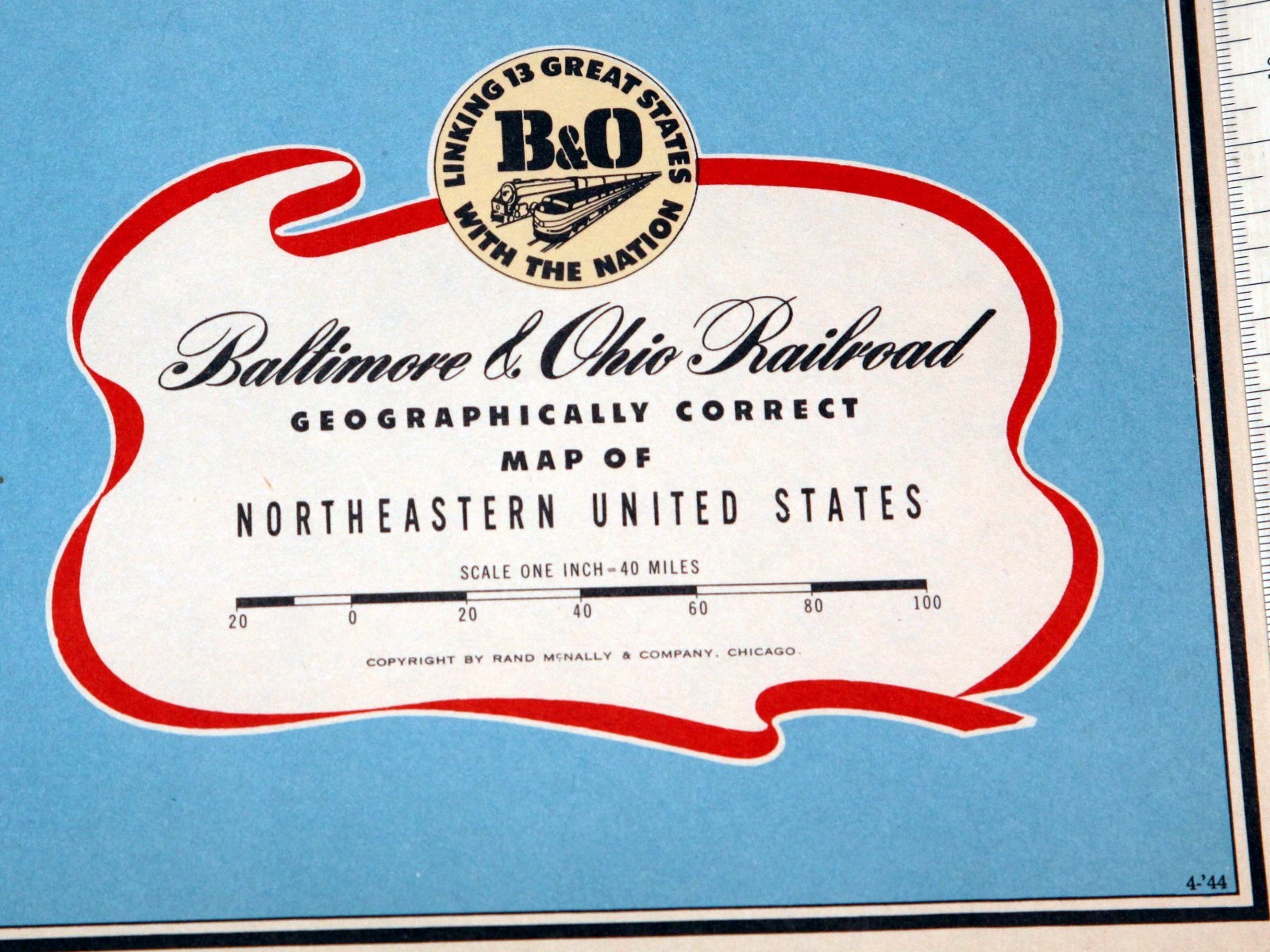 LARGE, 1944 GEOGRAPHICALLY CORRECT, BALTIMORE & OHIO RR MAP, NORTHEASTERN USA!