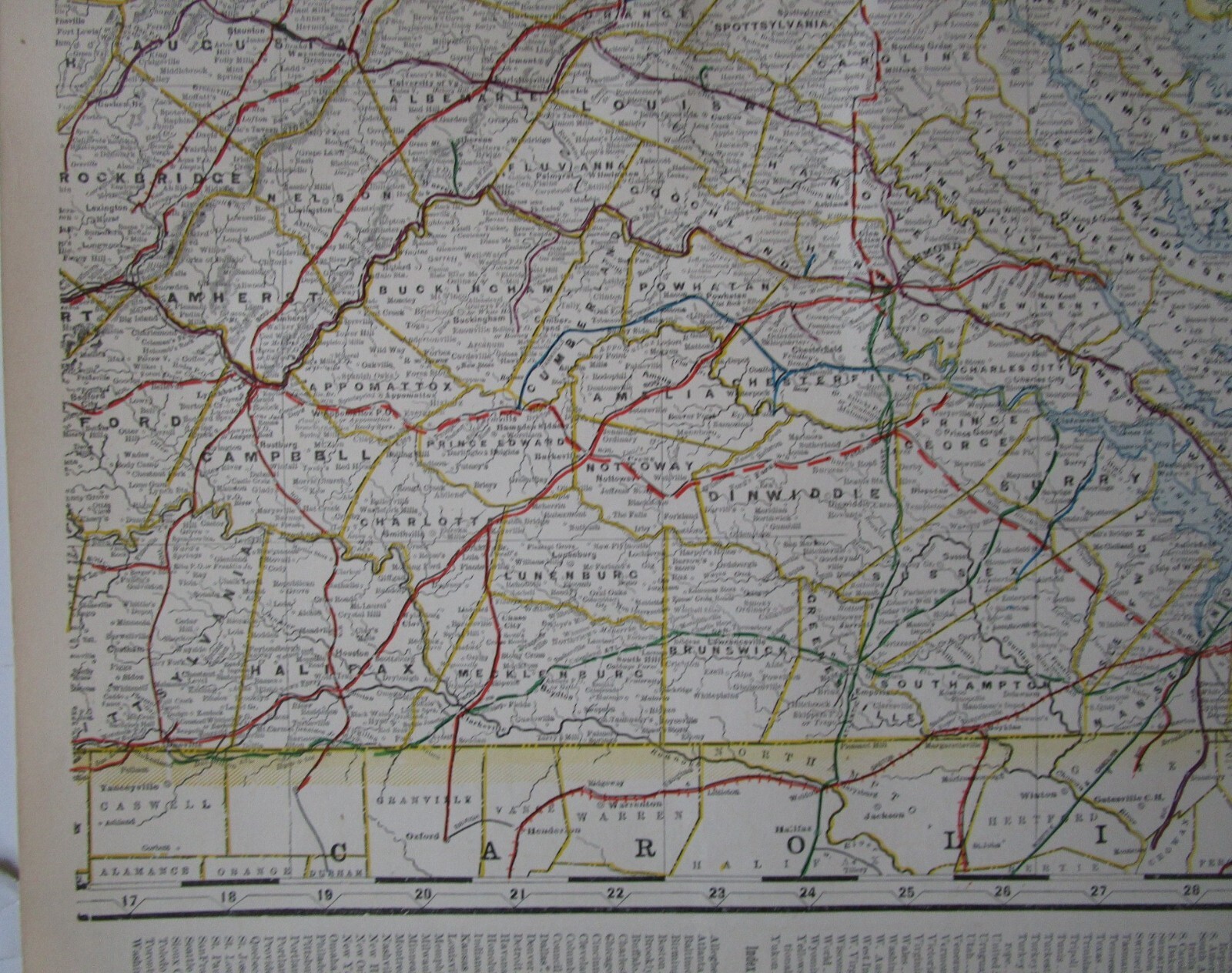 VA WV 1898 EASTERN VIRGINIA, W. VA STEAM RAILROAD Map. FARMVILLE & POWHATAN RR