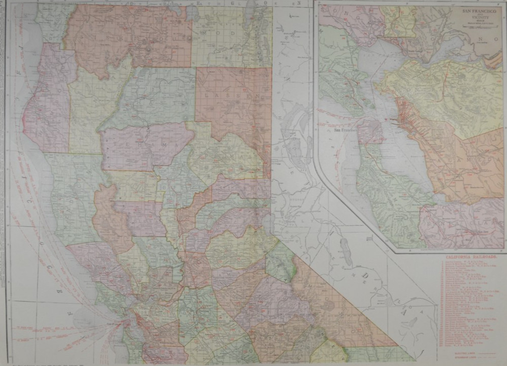 CALIFORNIA – NORTH – 1912 – RAND-McNALLY NEW COMMERCIAL ATLAS – SHOWS RAILROADS