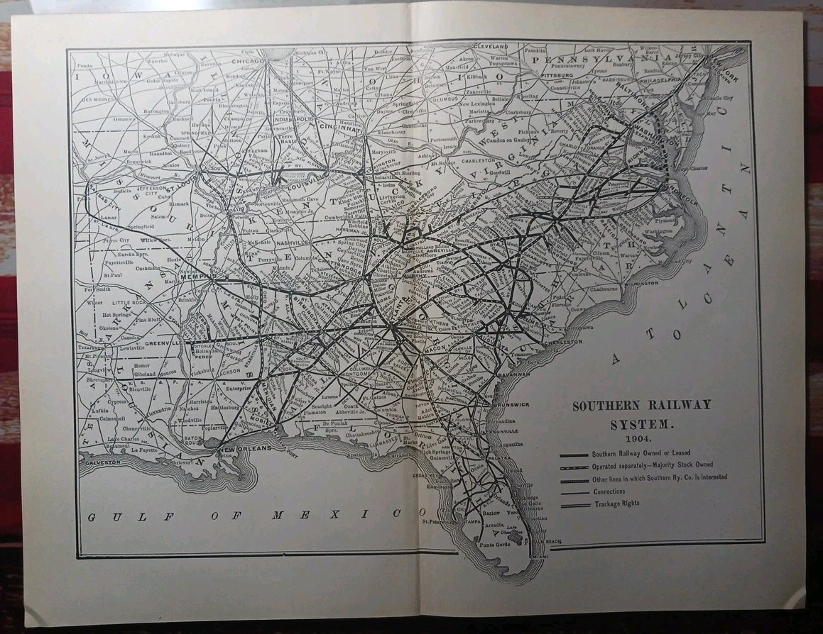 ~1904 dated Train Map SOUTHERN RAILWAY SYSTEM all Railroad Routes Stations 9×11″