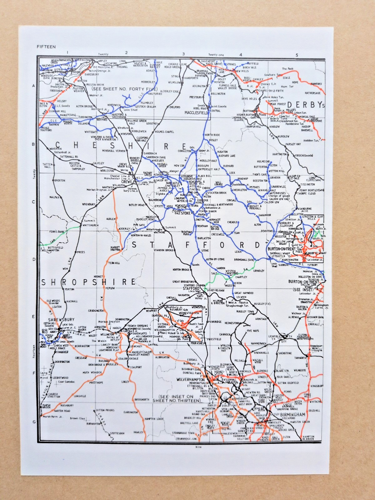 Vintage 1972 map showing Pre Grouping Rail Lines of Cheshire and Staffordshire