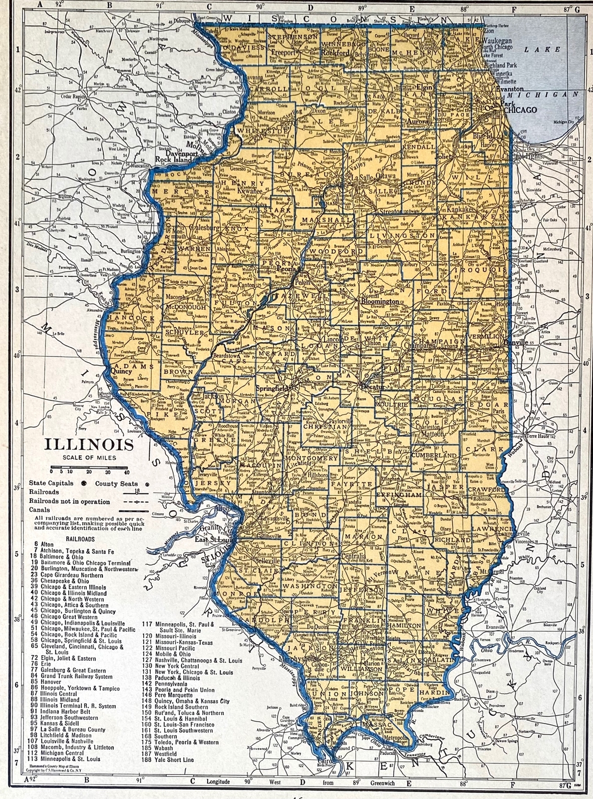 IDAHO & ILLINOIS Original c 1935 County & Railroad Maps. Hammond & Co. 9×12″