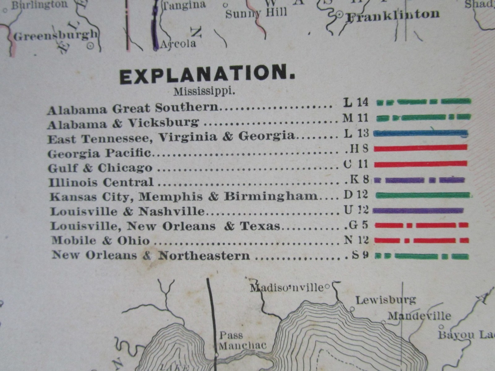 ANTIQUE MS 1891 MISSISSIPPI RAILROAD Map. Cram. NEW ORLEANS NORTHEASTERN RR