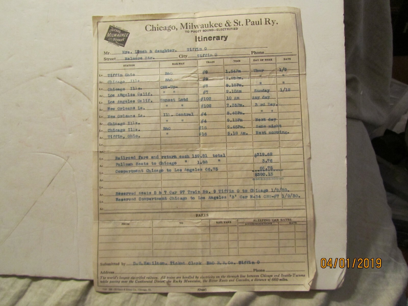 1930 Chicago, Milwaukee & St Paul Ry Itinerary Tiffin Ohio to Los Angeles